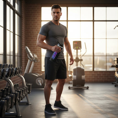 Black water bottle with colorful 'Live Fit' design with a gym background