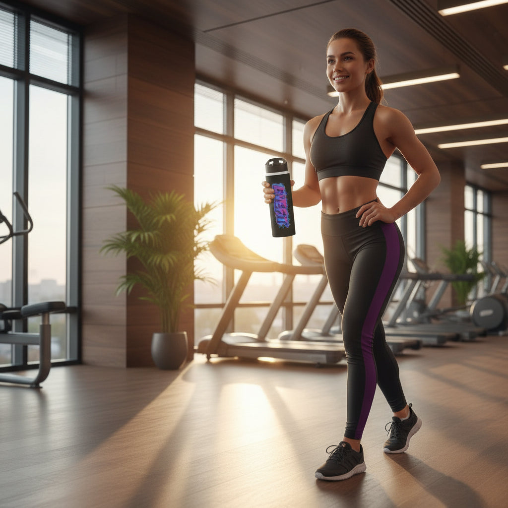 Black water bottle with colorful LIVE FIT logo in a gym setting