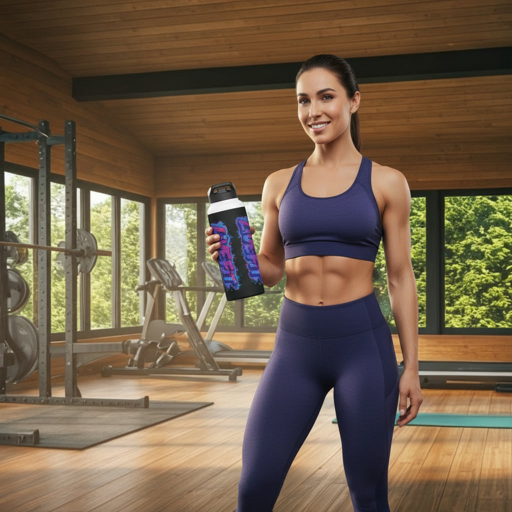 Black water bottle with colorful LIVE FIT text in a gym setting