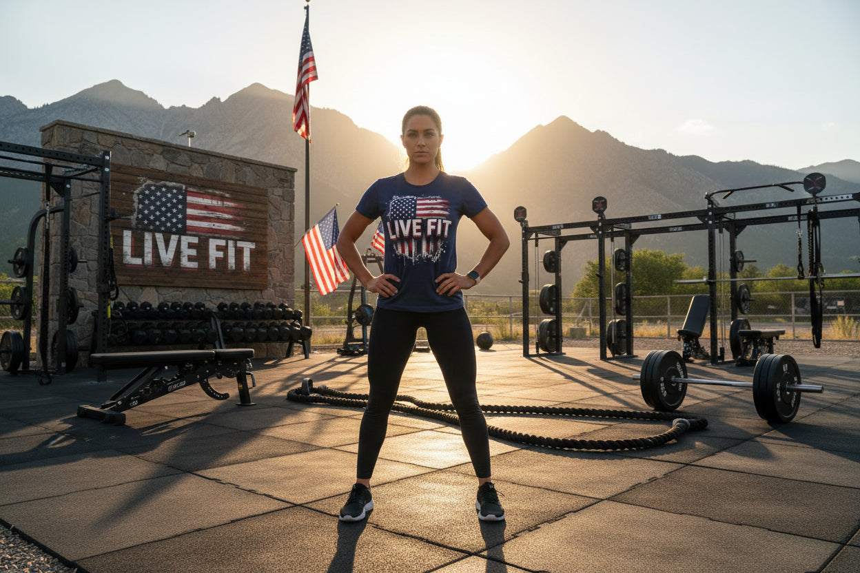 Navy blue t-shirt with American flag graphic and 'LIVE FIT' text.