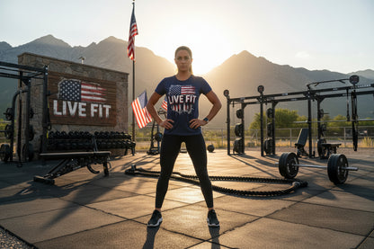 Navy blue t-shirt with American flag graphic and 'LIVE FIT' text.