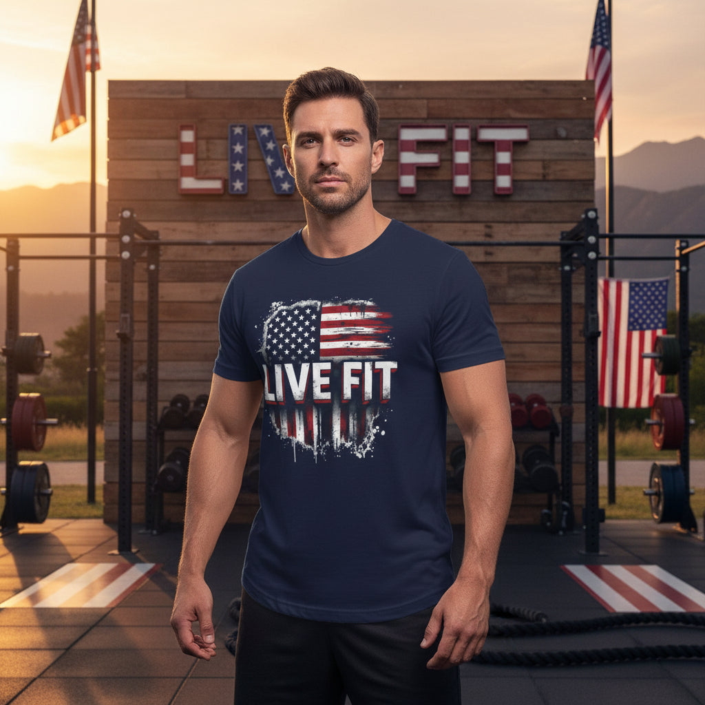 Navy blue t-shirt with an American flag and 'Live Fit' text.