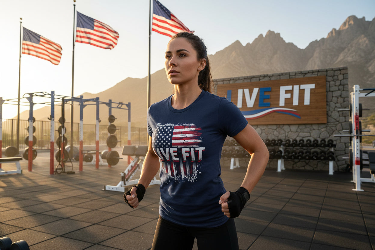 Navy blue t-shirt with an American flag and 'LIVE FIT' text.