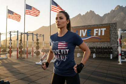 Navy blue t-shirt with an American flag and 'LIVE FIT' text.