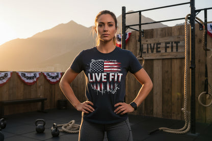 Black t-shirt with an American flag and 'Live Fit' text with a LIVE FIT sign and mountain background.