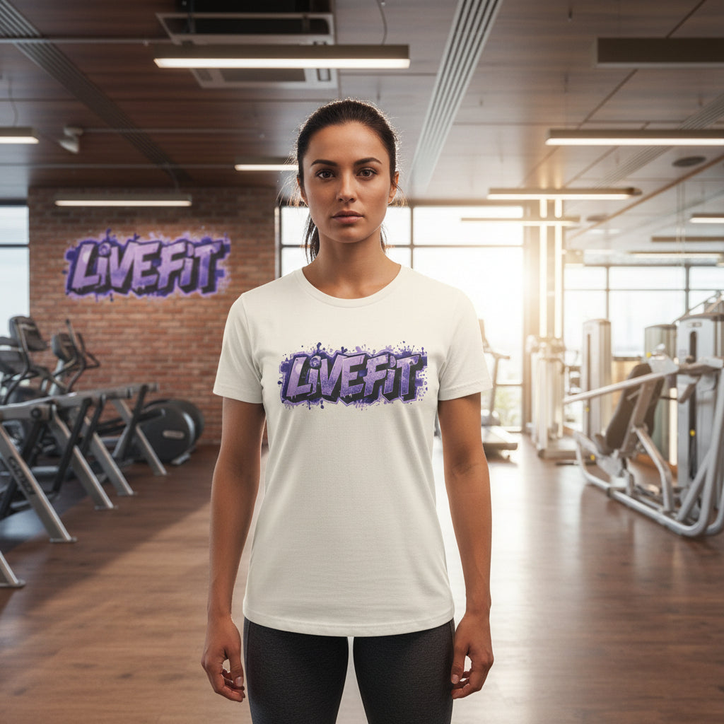 Person wearing a 'LIVE FIT' t-shirt in a gym setting.
