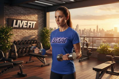 Blue t-shirt with 'LIVE FIT' graphic text design.