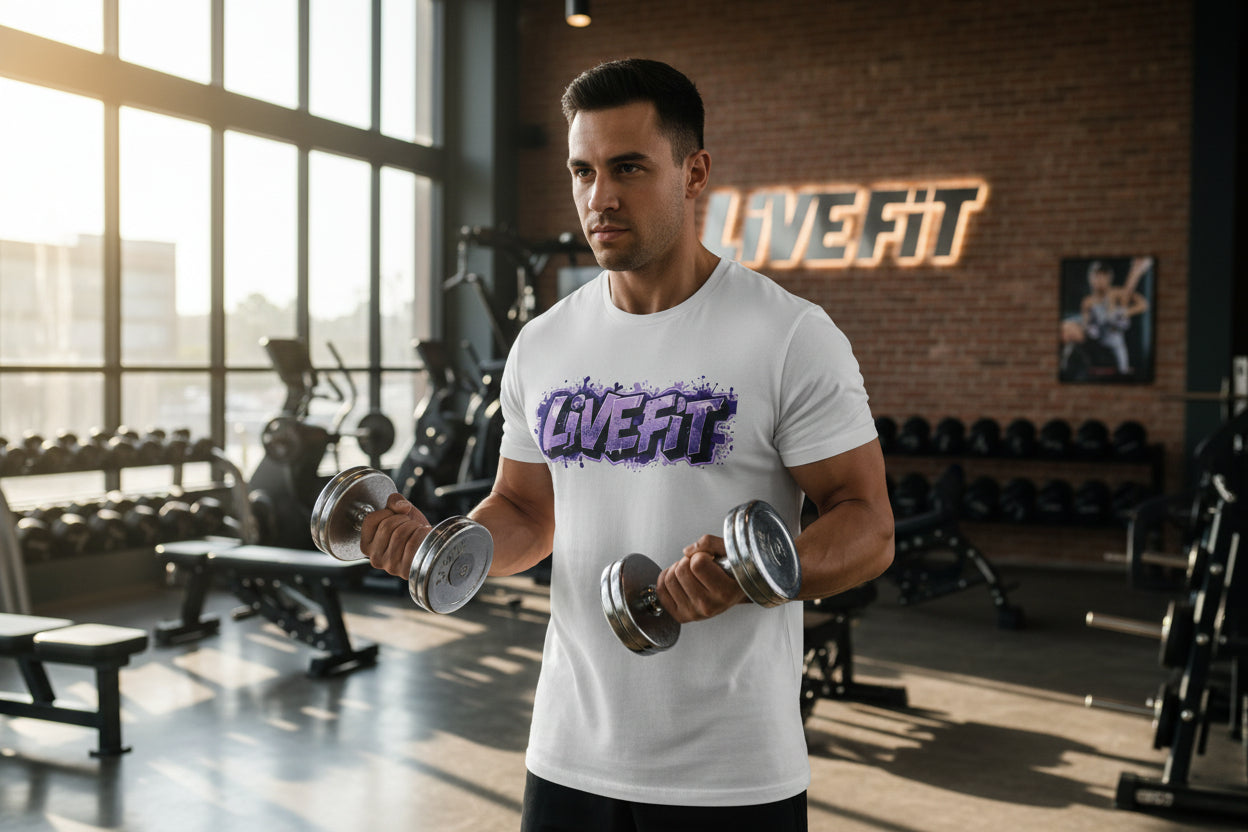 White t-shirt with 'LIVE FIT' graphic text design.