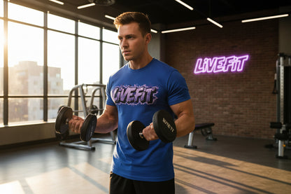 Blue t-shirt with 'LIVE FIT' graphic text in a gym setting.