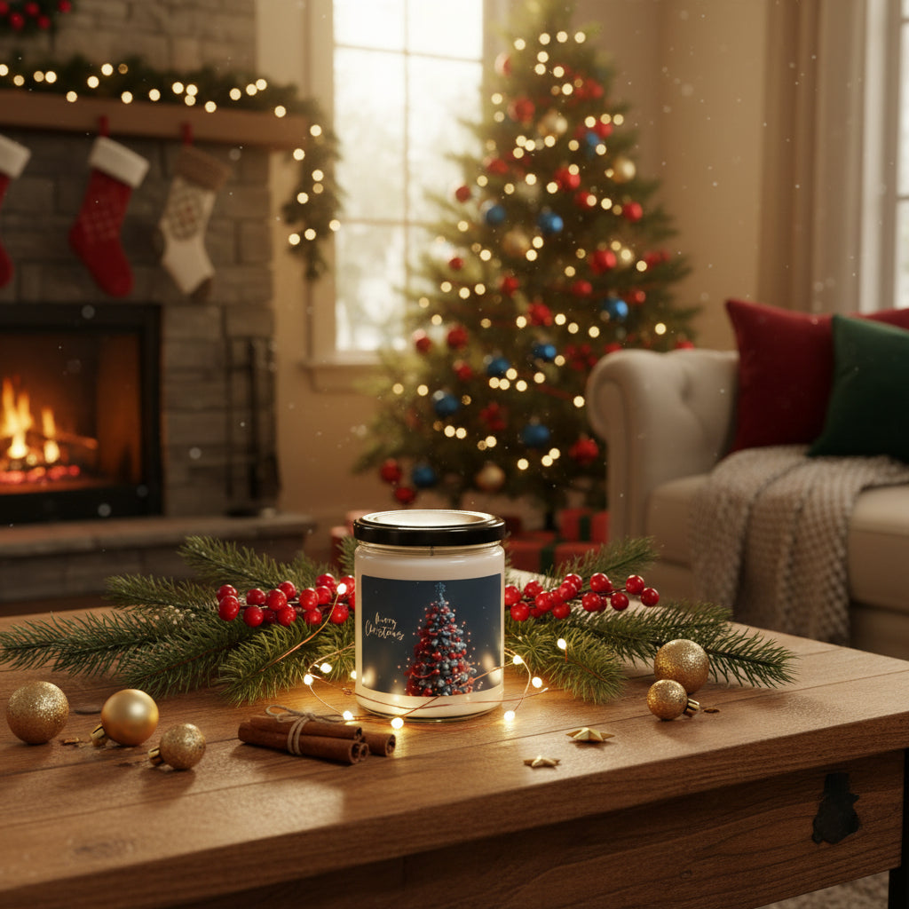 A Merry Christmas candle on a table with a decorated tree and fireplace in the background.