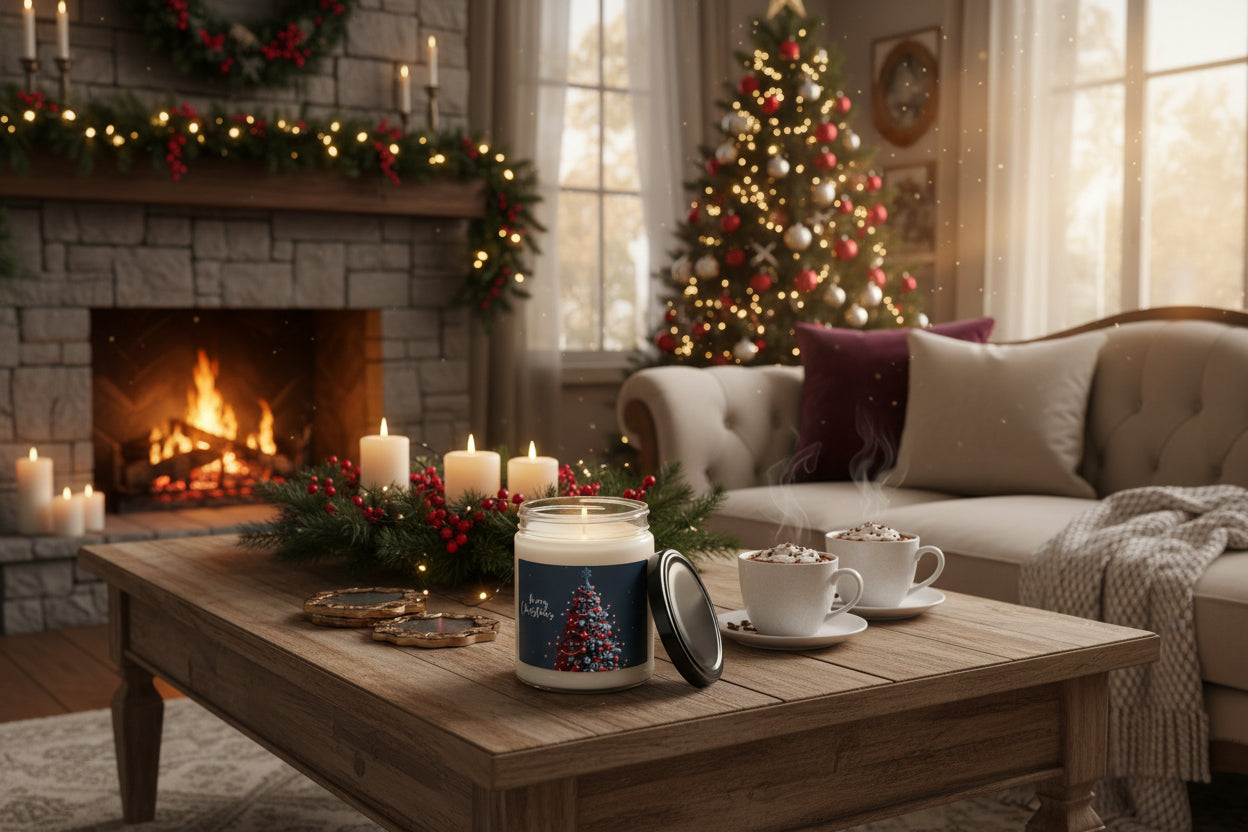 Candle jar with a Christmas tree design and 'Merry Christmas' text on a Christmas background.