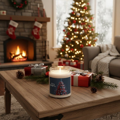 Christmas candle on a coffee table with a decorated tree and fireplace in the background.