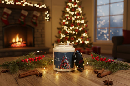 Candle jar with a Christmas tree design and 'Merry Christmas' text.