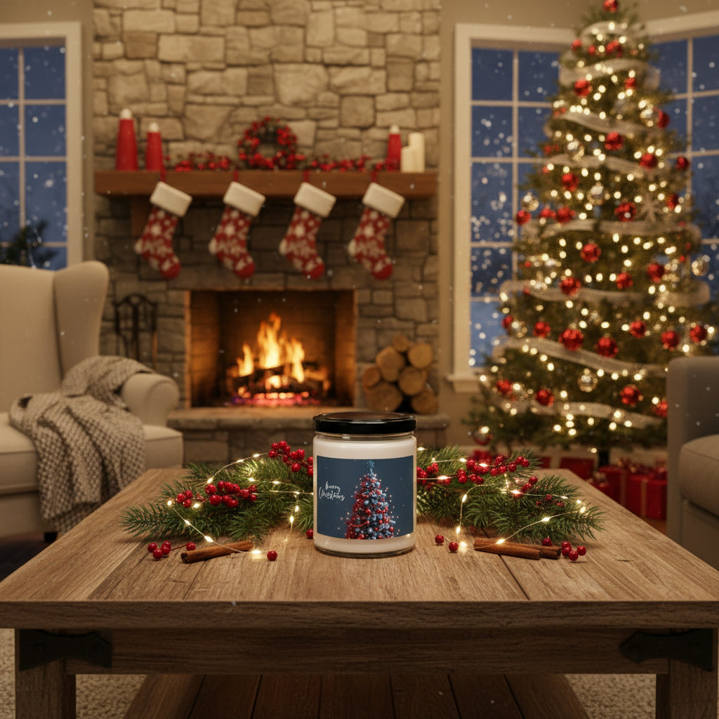 Candle jar with a Christmas tree design and 'Merry Christmas' text on a label.
