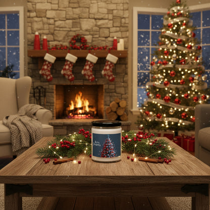 Candle jar with a Christmas tree design and 'Merry Christmas' text on a label.