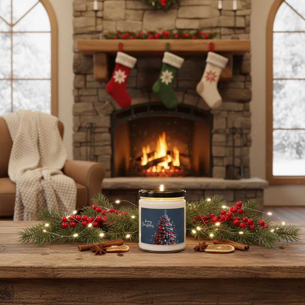 Candle jar with a Christmas tree design and 'Merry Christmas' text on a label.