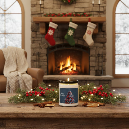 Candle jar with a Christmas tree design and 'Merry Christmas' text on a label.