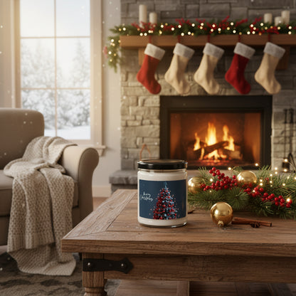 Candle jar with a Christmas tree design and 'Merry Christmas' text on a label.