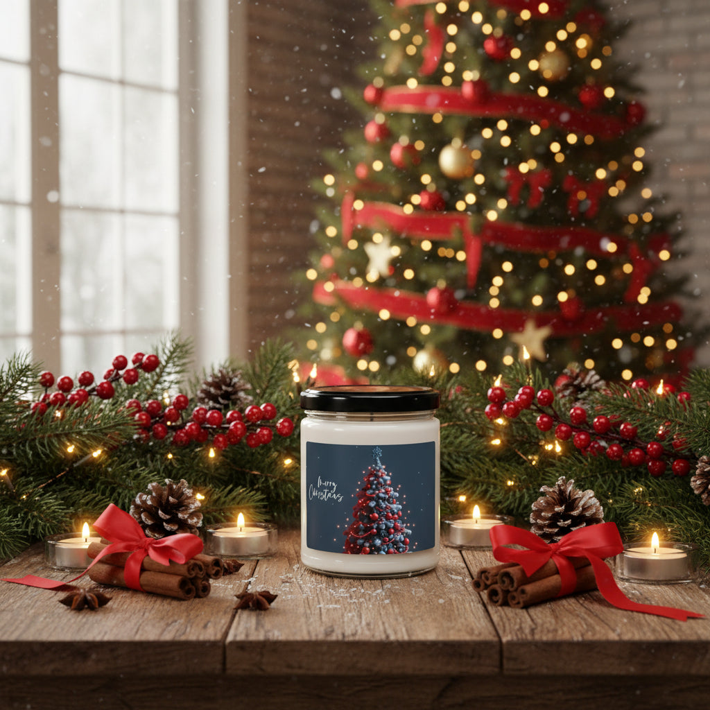 Candle jar with a Christmas tree design and 'Merry Christmas' text on a label.