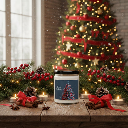Candle jar with a Christmas tree design and 'Merry Christmas' text on a label.