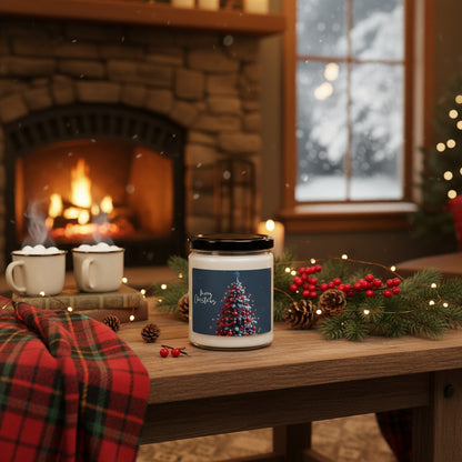 Candle with a Merry Christmas design on a wooden table in front of a fireplace and window with snow.