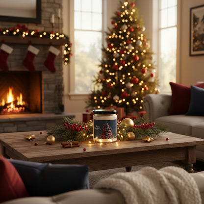 Candle jar with a Christmas tree design and 'Merry Christmas' text on a label.