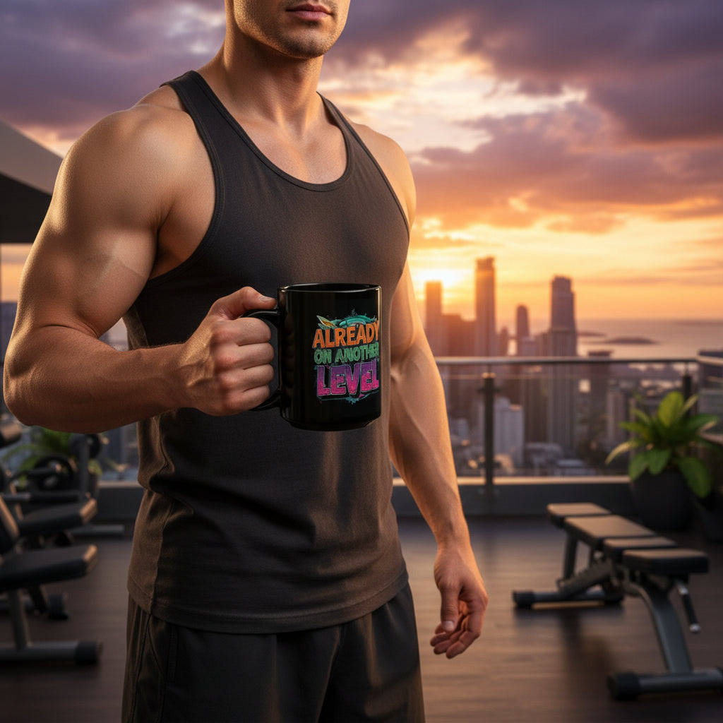 Muscular man holding a mug that says Already On Another Level with a cityscape and sunset in the background.