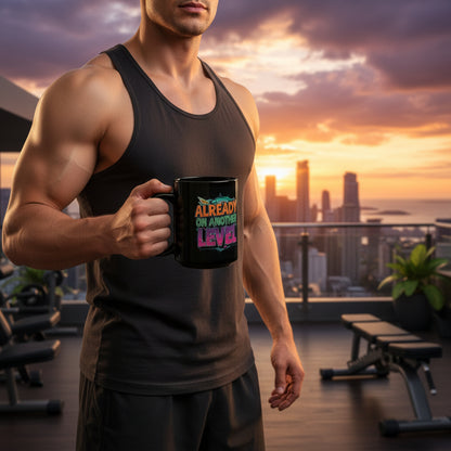 Muscular man holding a mug that says Already On Another Level with a cityscape and sunset in the background.