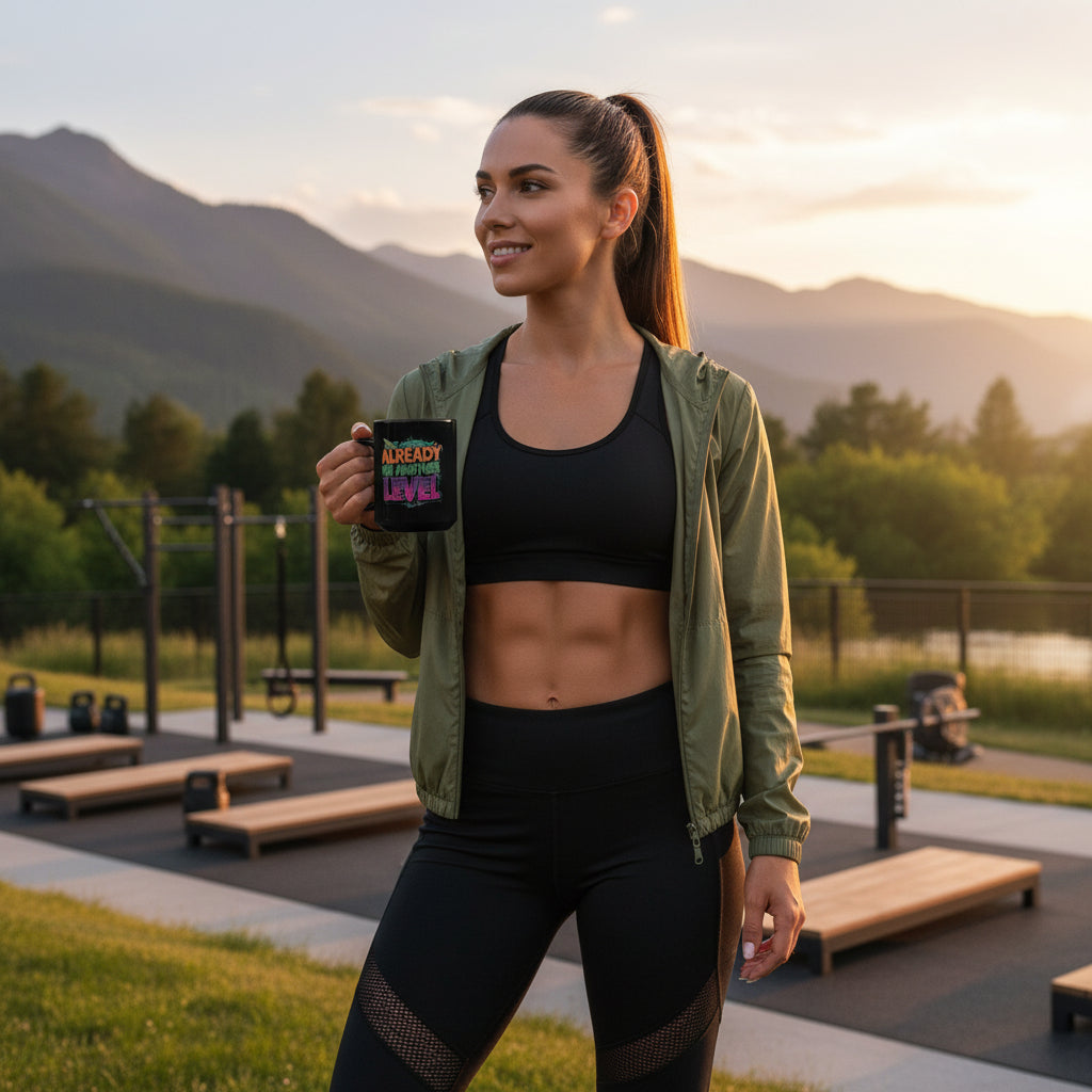 A woman holding a mug that says Already On Another Level outdoors with mountains in the background.