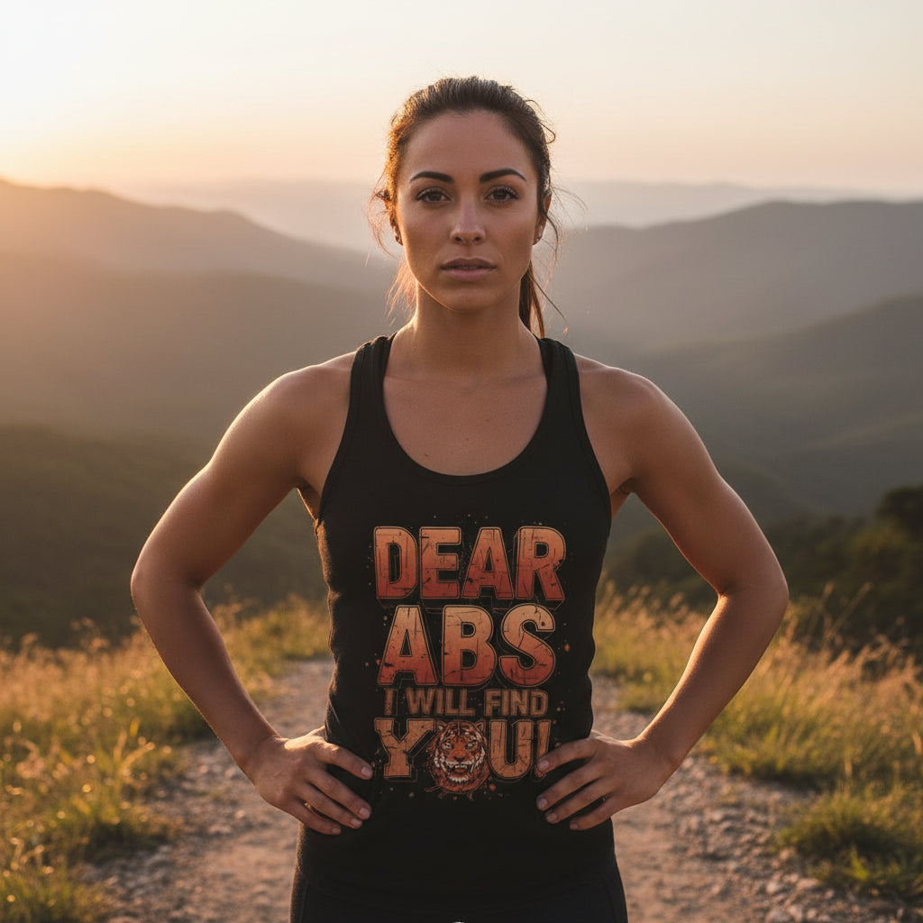 Woman wearing a black tank top with text that says Dear Abs I Will Find You! standing in a scenic outdoor setting.