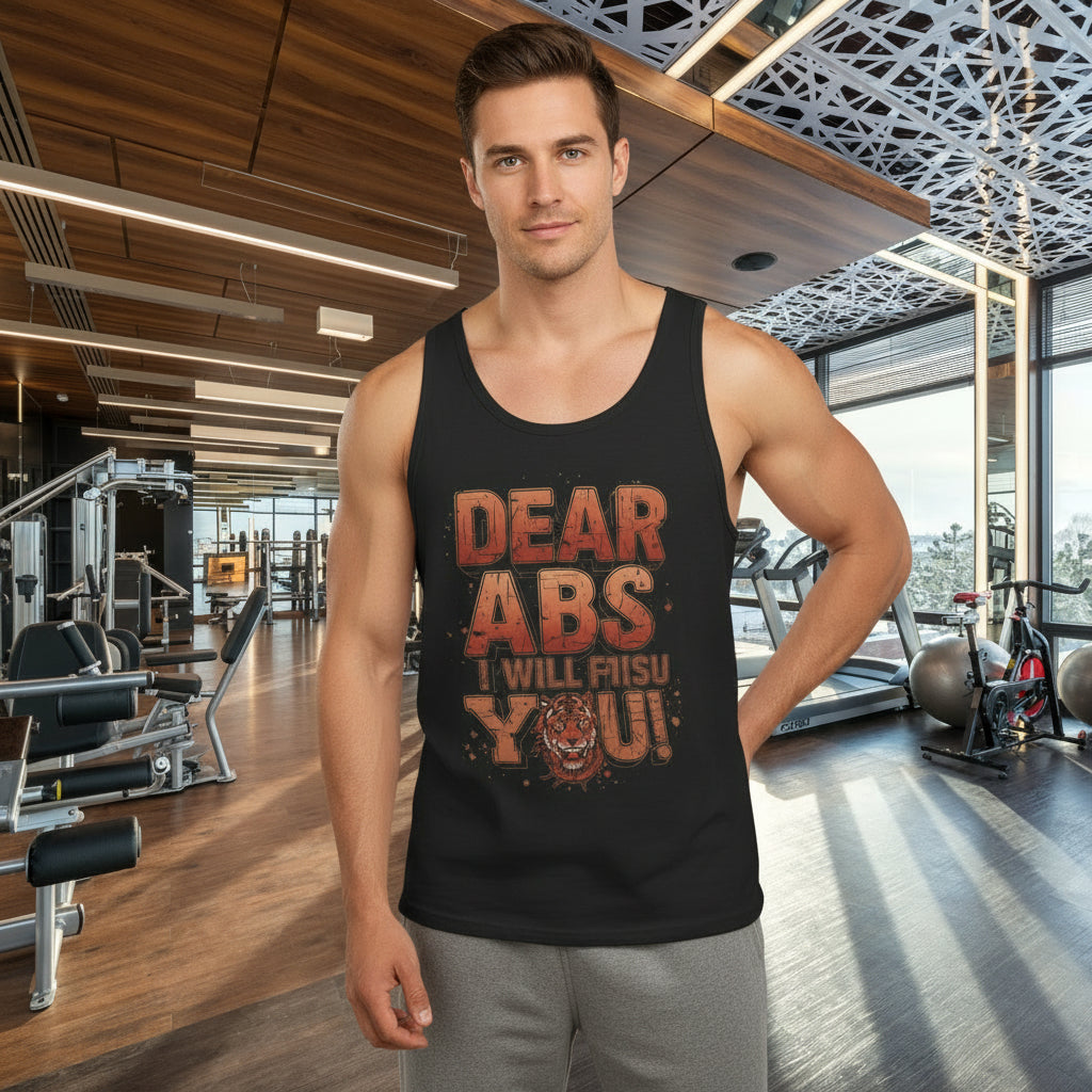 Man wearing a black tank top with motivational text that says Dear Abs I Will Find You! in a gym setting.