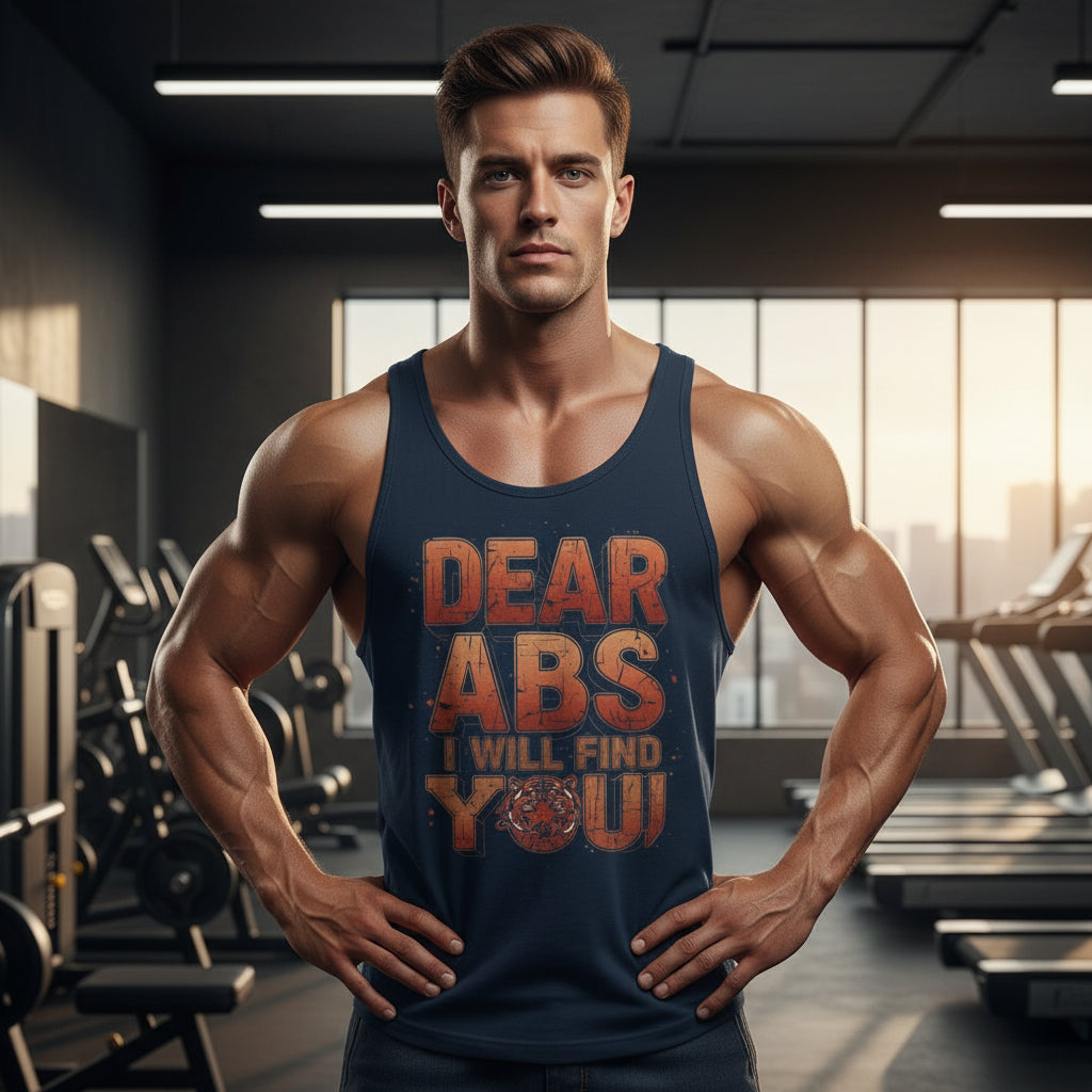 Muscular man in a gym wearing a tank top with motivational text that says Dear Abs I Will Find You!