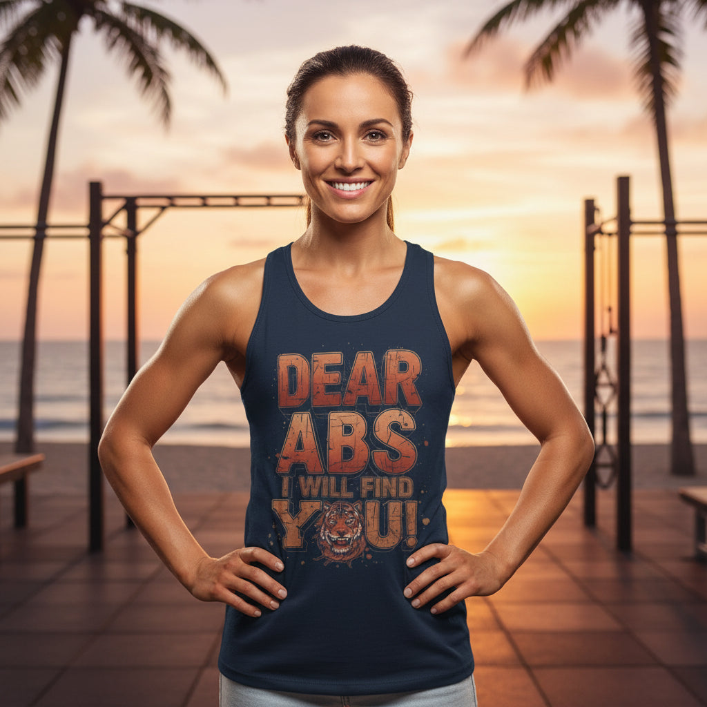 Woman wearing a navy tank top with fitness-themed text that says Dear Abs I Will Find You! at sunset by the beach.