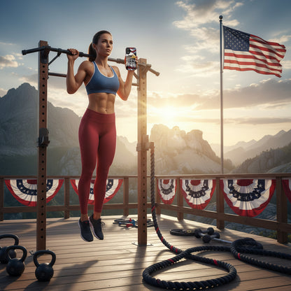 Woman exercising outdoors with mountains and the American flag in the background.