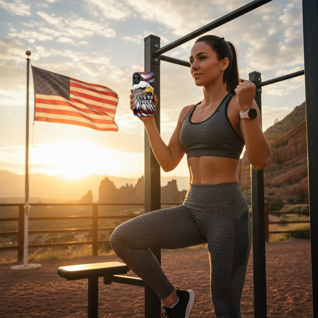 A woman showing a patriotic Let's Do This! cell phone case exercising outdoors with an American flag in the background.