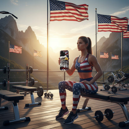 A tough phone case featuring a patriotic design with a bald eagle in the foreground and the text 'LET'S DO THIS!' The background is a combination of red, white, and blue.