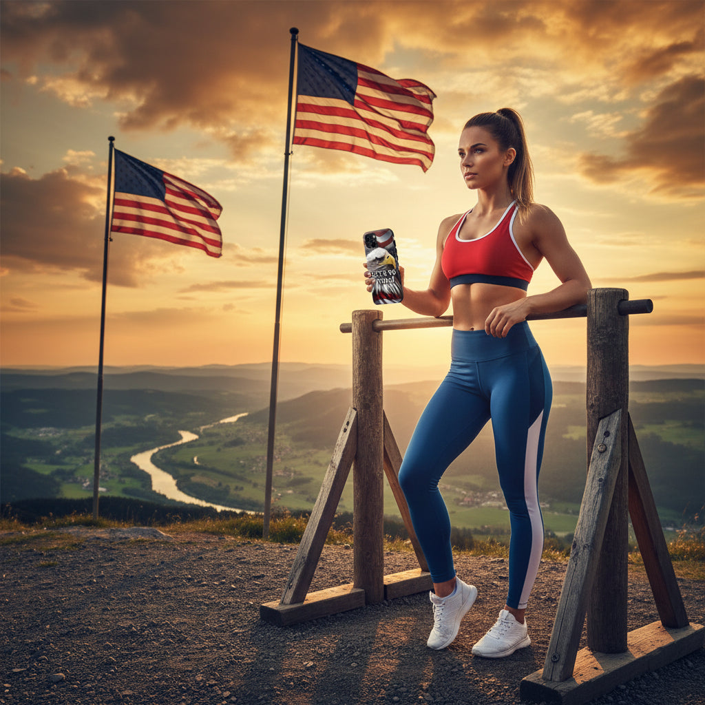 A tough phone case featuring a patriotic design with a bald eagle in the foreground and the text 'LET'S DO THIS!' The background is a combination of red, white, and blue.