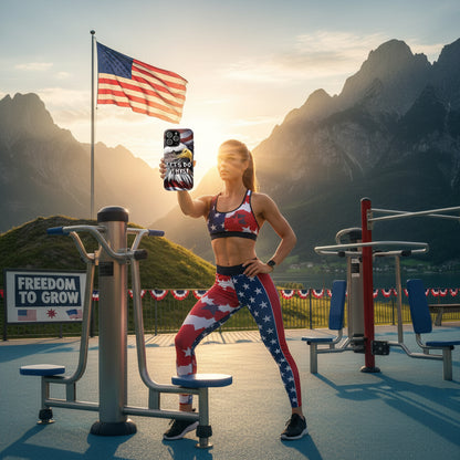 A tough phone case featuring a patriotic design with a bald eagle in the foreground and the text 'LET'S DO THIS!' The background is a combination of red, white, and blue.