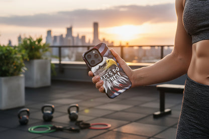 A tough phone case featuring a patriotic design with a bald eagle in the foreground and the text 'LET'S DO THIS!' The background is a combination of red, white, and blue.