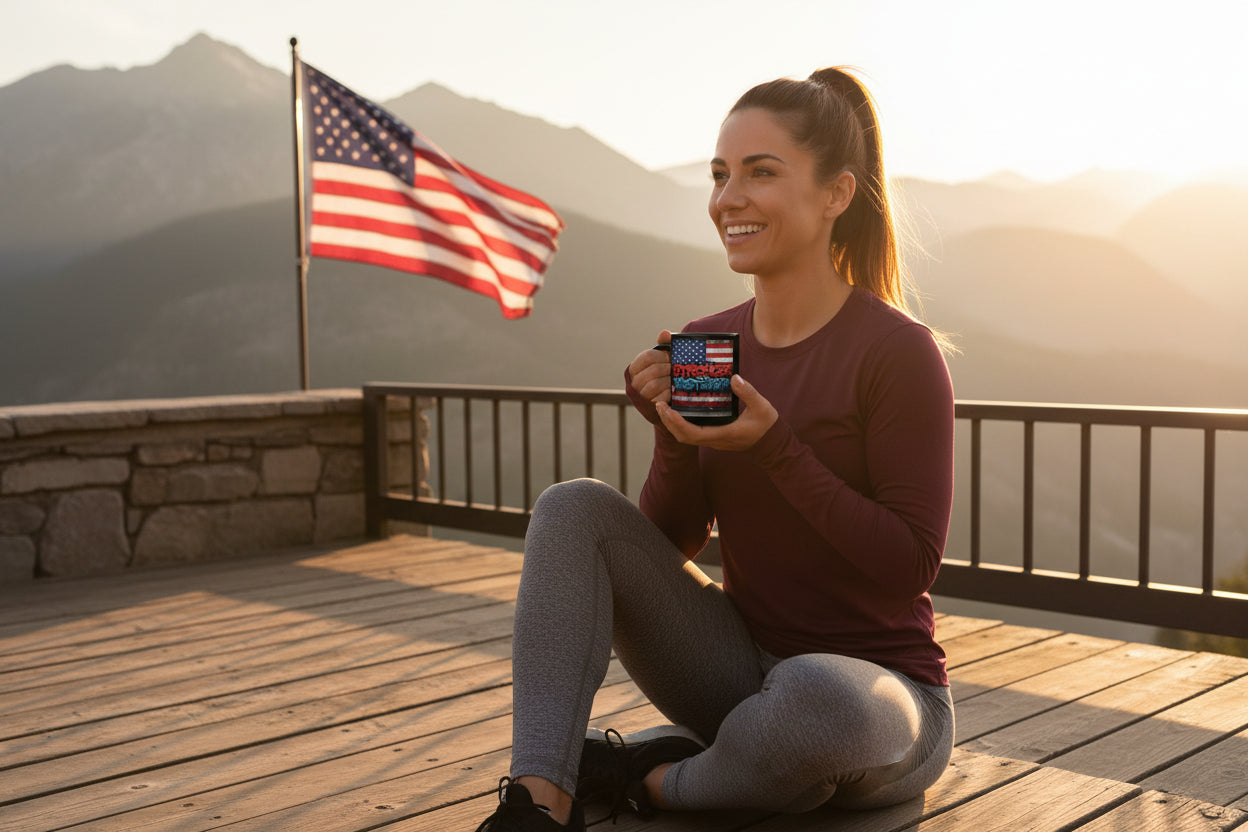 A woman holding a mug that says Stronger Than Yesterday sitting on a wooden deck with an American flag in the background.