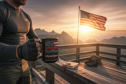 A man holding a mug with a vintage American flag design, standing on a wooden platform with mountains and an American flag in the background.