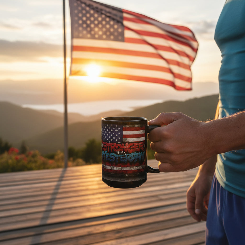 A man holding a mug that says Stronger Than Yesterday with a vintage American flag design against a sunset backdrop with an American flag waving.