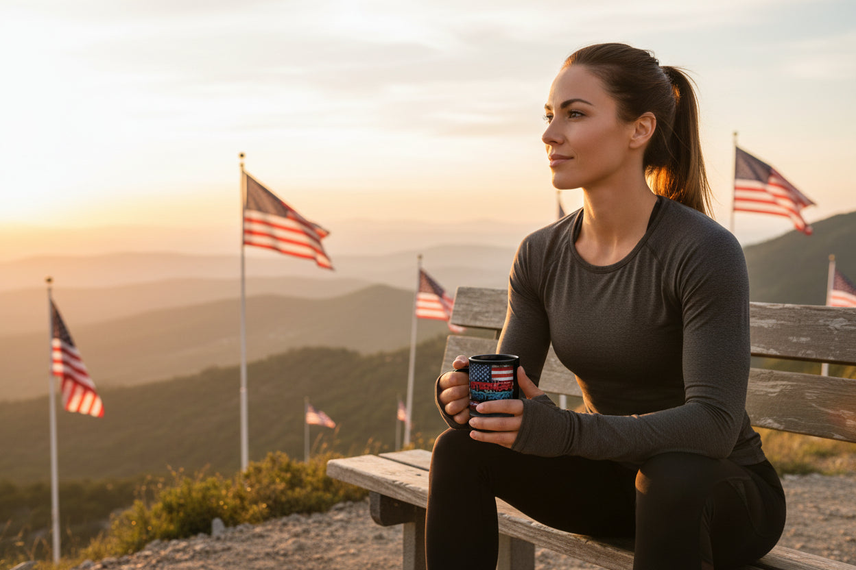 A woman holding a mug that says Stronger Than Yesterday sitting on a bench with American flags and a scenic background.