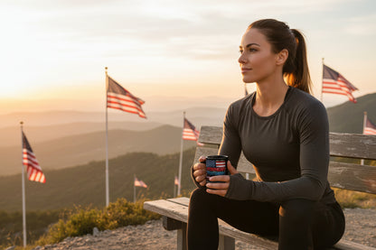 A woman holding a mug that says Stronger Than Yesterday sitting on a bench with American flags and a scenic background.