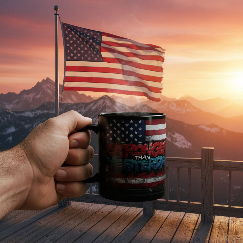A man holding a black mug that says Stronger Than Yesterday with a vintage American flag backdrop design.