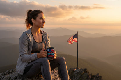 Black mug with an American flag design and 'Stronger Than Yesterday' text with a scenic view and the American flag background.