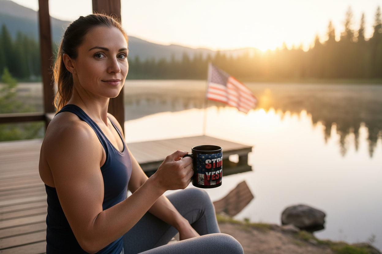 A woman holding a mug that says Stronger Than Yesterday by a lake with an American flag in the background.