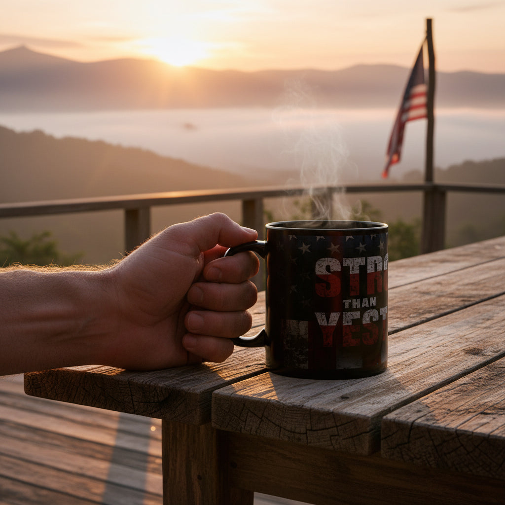 Hand holding a mug that says Stronger Than Yesterday with steam against a scenic sunset backdrop.