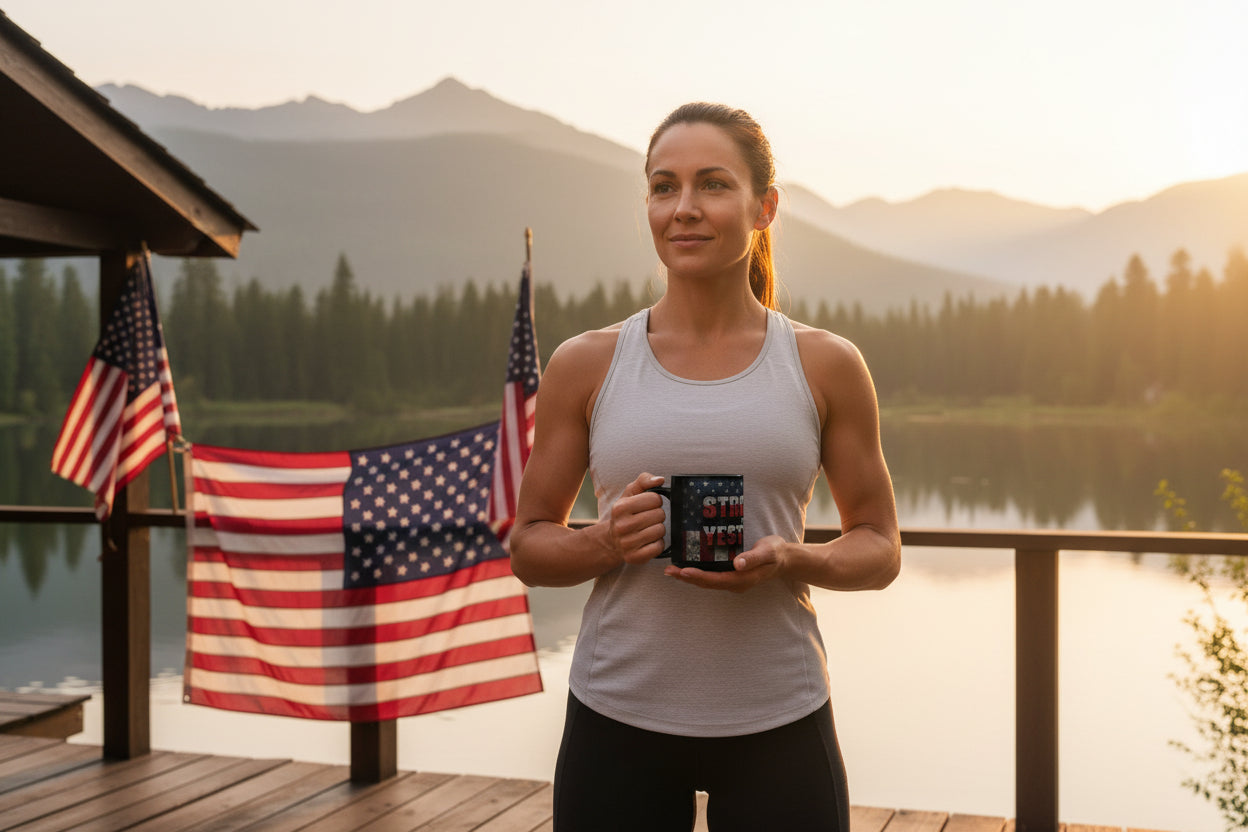 Woman holding a mug that says Stronger Than Yesterday with American flags in the background.