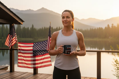 Woman holding a mug that says Stronger Than Yesterday with American flags in the background.